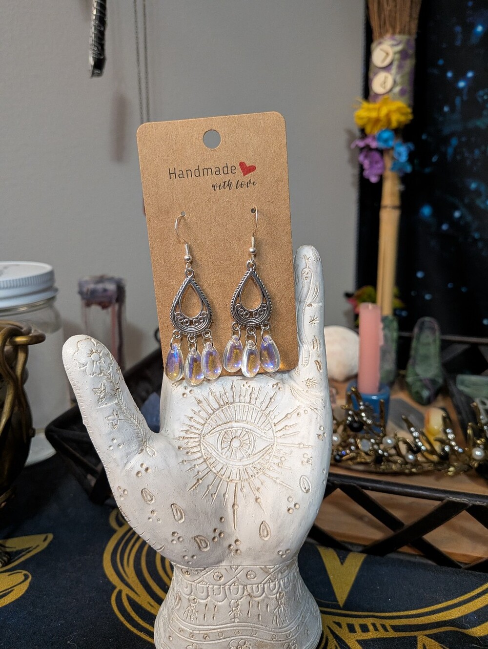 Handmade Silver Iridescent Chandelier Earrings With Sterling Silver Hooks